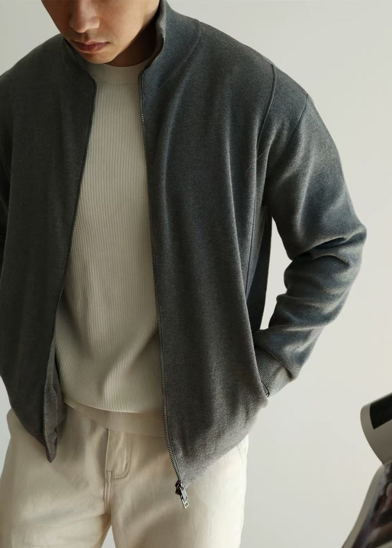 Loose Grey Stand Collar Zip Up Knit Coat Fall