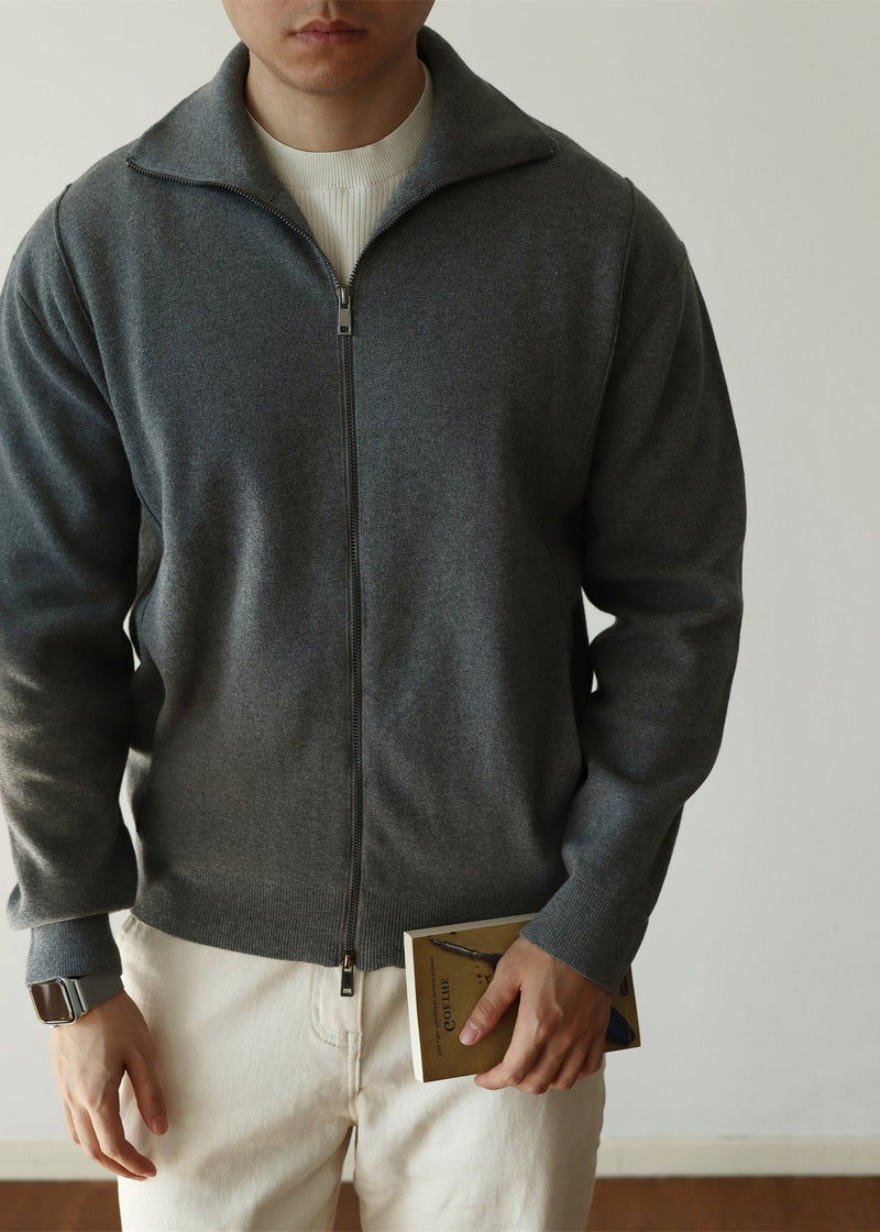 Loose Grey Stand Collar Zip Up Knit Coat Fall