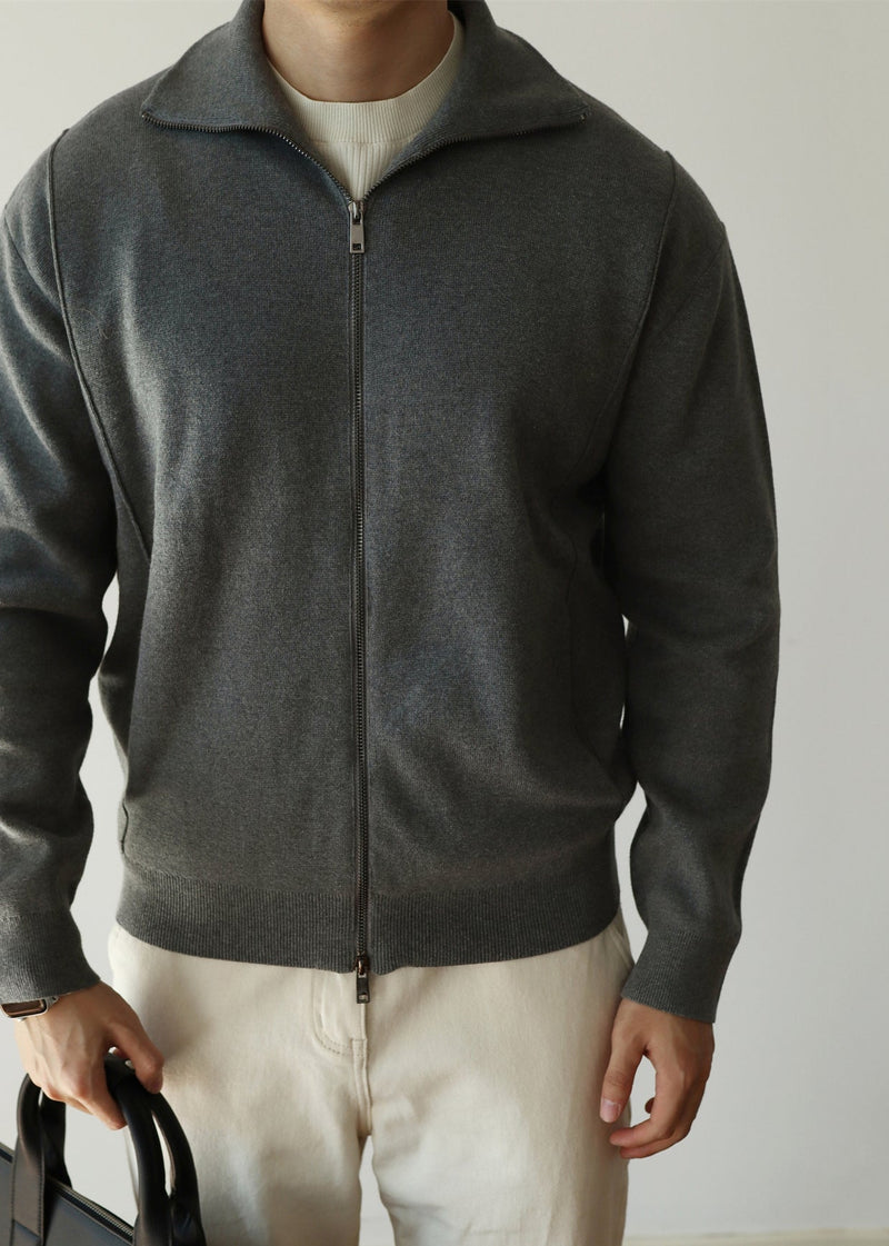Loose Grey Stand Collar Zip Up Knit Coat Fall