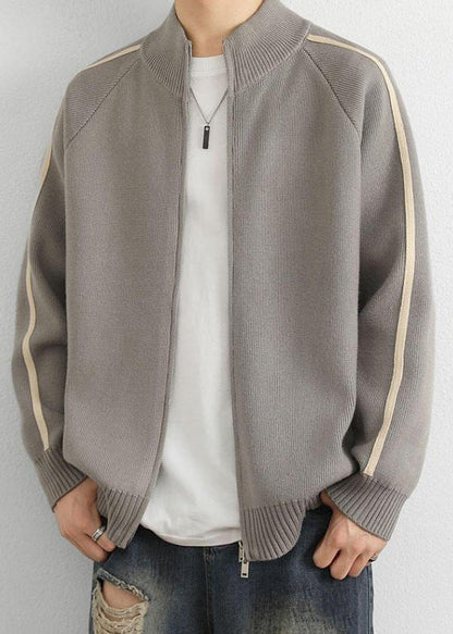 Loose Grey Stand Collar Zip Up Striped Knit Coat Spring