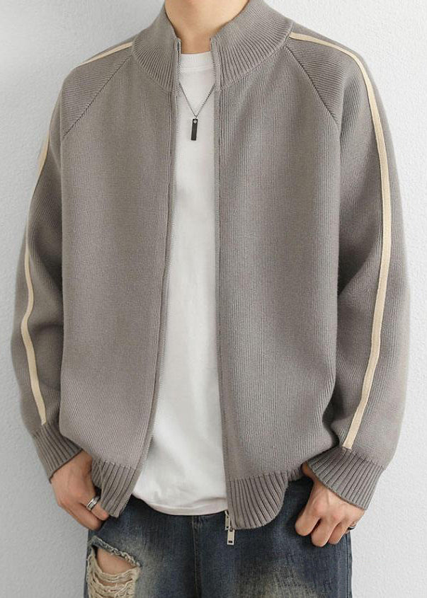 Loose Grey Stand Collar Zip Up Striped Knit Coat Spring