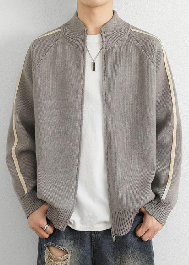 Loose Grey Stand Collar Zip Up Striped Knit Coat Spring