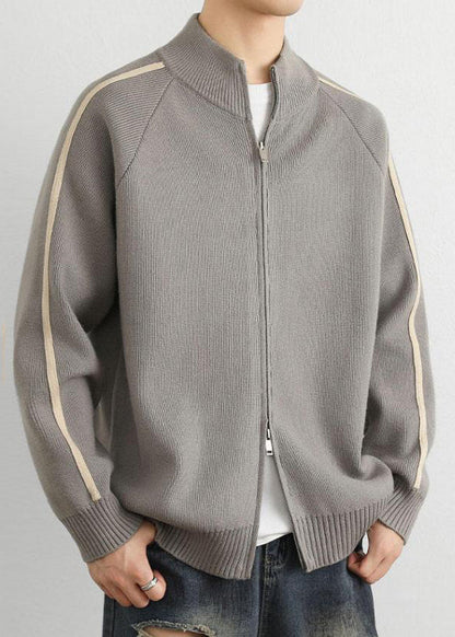 Loose Grey Stand Collar Zip Up Striped Knit Coat Spring