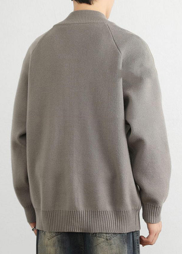 Loose Grey Stand Collar Zip Up Striped Knit Coat Spring