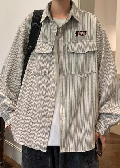 Loose Grey Striped Button Pockets Cotton Shirt Men Spring