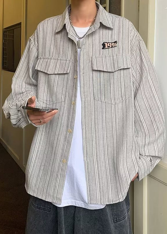 Loose Grey Striped Button Pockets Cotton Shirt Spring