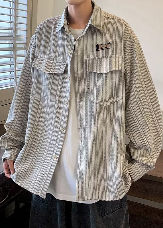 Loose Grey Striped Button Pockets Cotton Shirt Spring