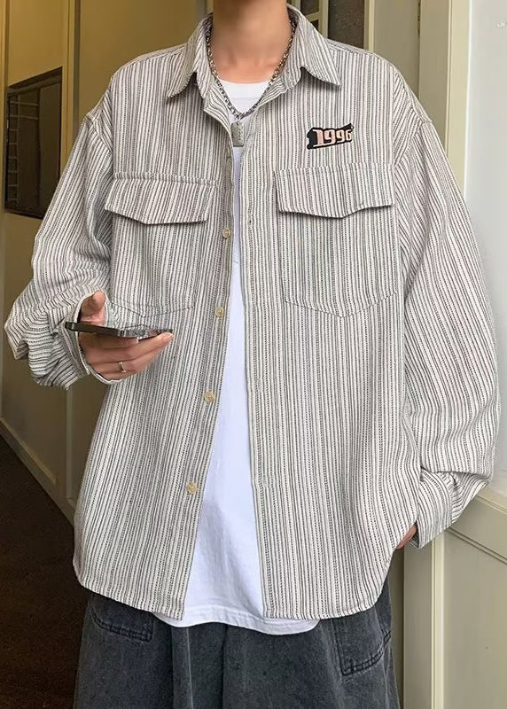 Loose Grey Striped Pockets Cotton Shirts Spring