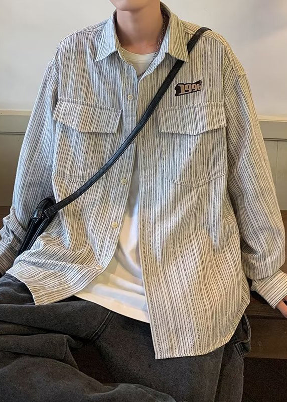 Loose Grey Striped Pockets Cotton Shirts Spring