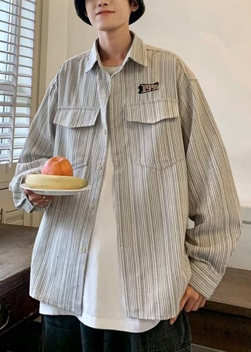 Loose Grey Striped Pockets Cotton Shirts Spring