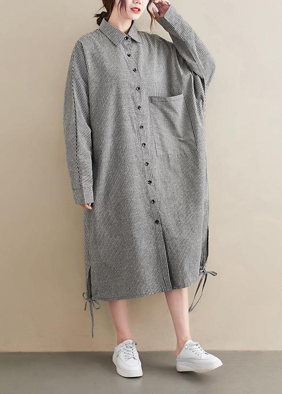 Loose Grey Striped Turn-down Colla Maxi Spring Cotton Dress