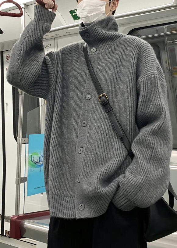 Loose Grey Turtleneck Button Knit Coats Winter
