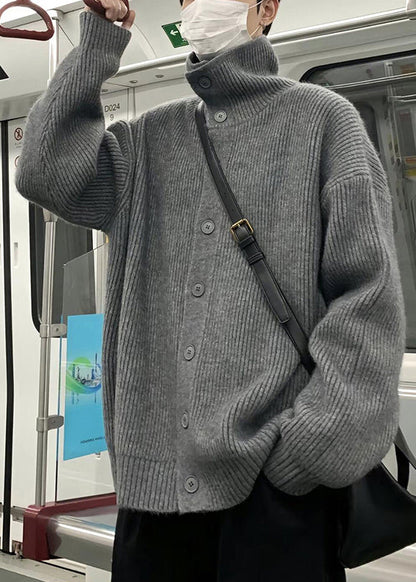 Loose Grey Turtleneck Button Knit Coats Winter
