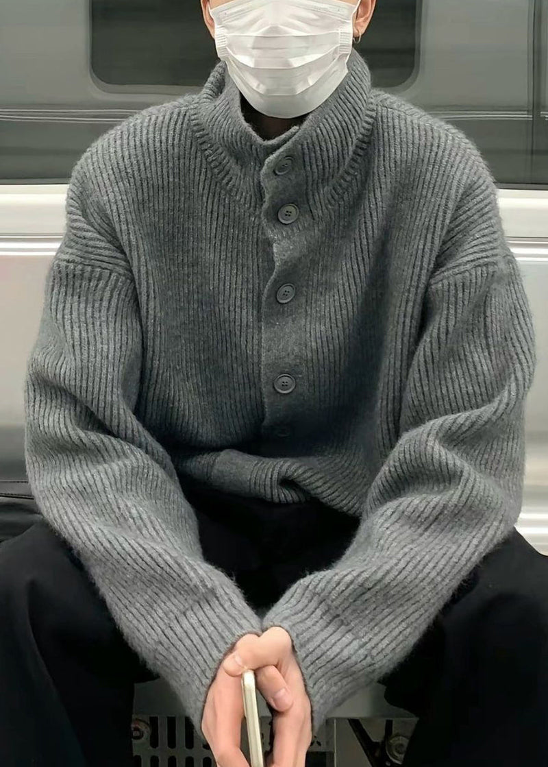 Loose Grey Turtleneck Button Knit Coats Winter