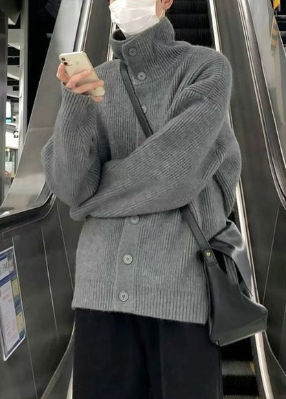 Loose Grey Turtleneck Button Knit Coats Winter