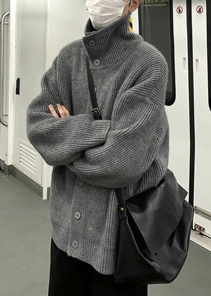 Loose Grey Turtleneck Button Knit Coats Winter
