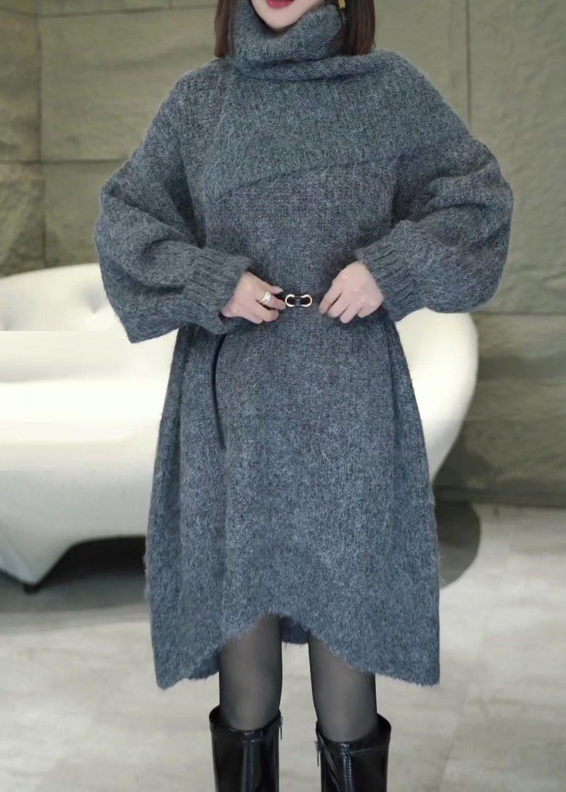 Loose Grey Turtleneck Cozy Knit Sweater Dress Winter
