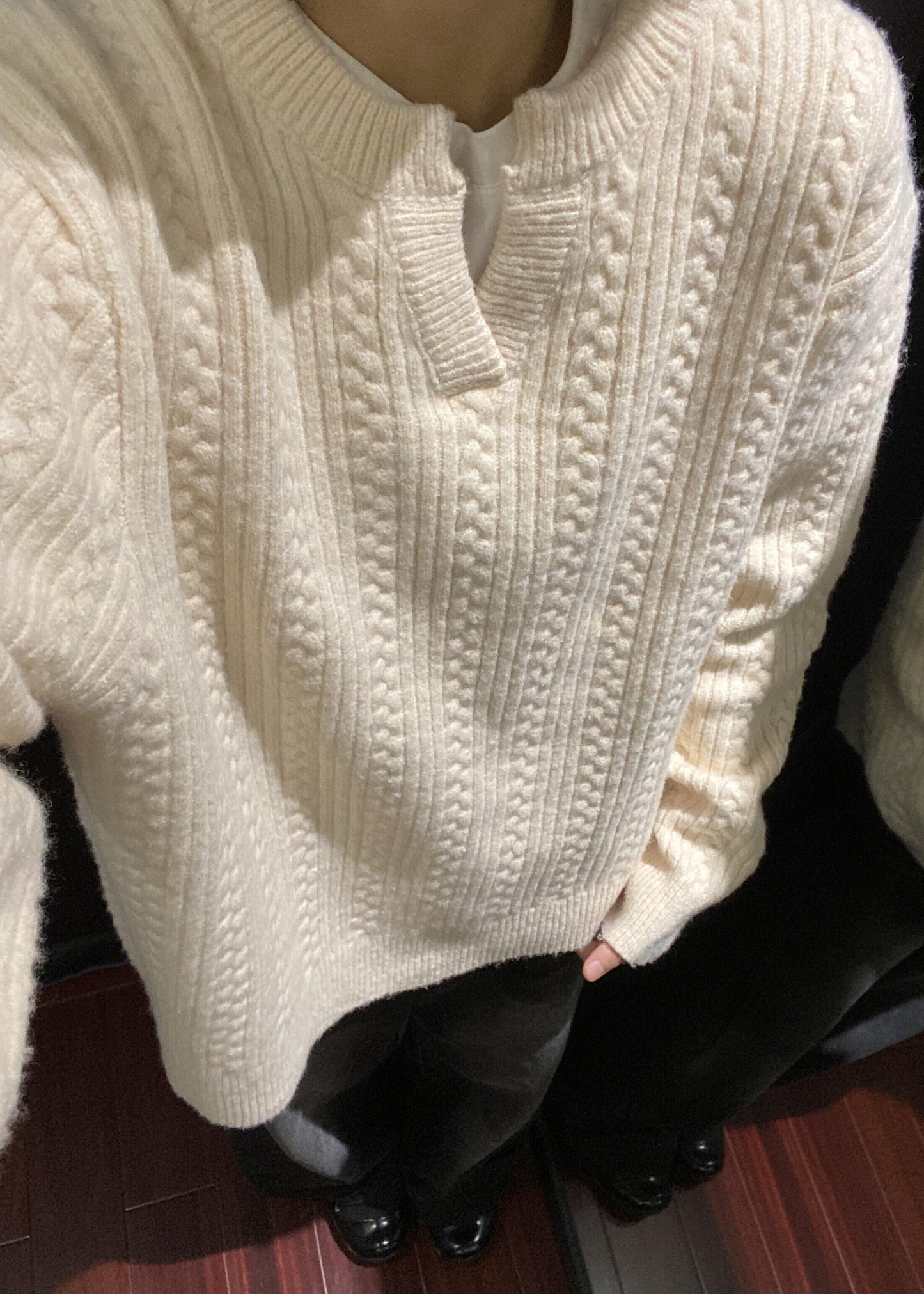 Loose Grey V Neck Cozy Cotton Cable Knit Sweater Winter