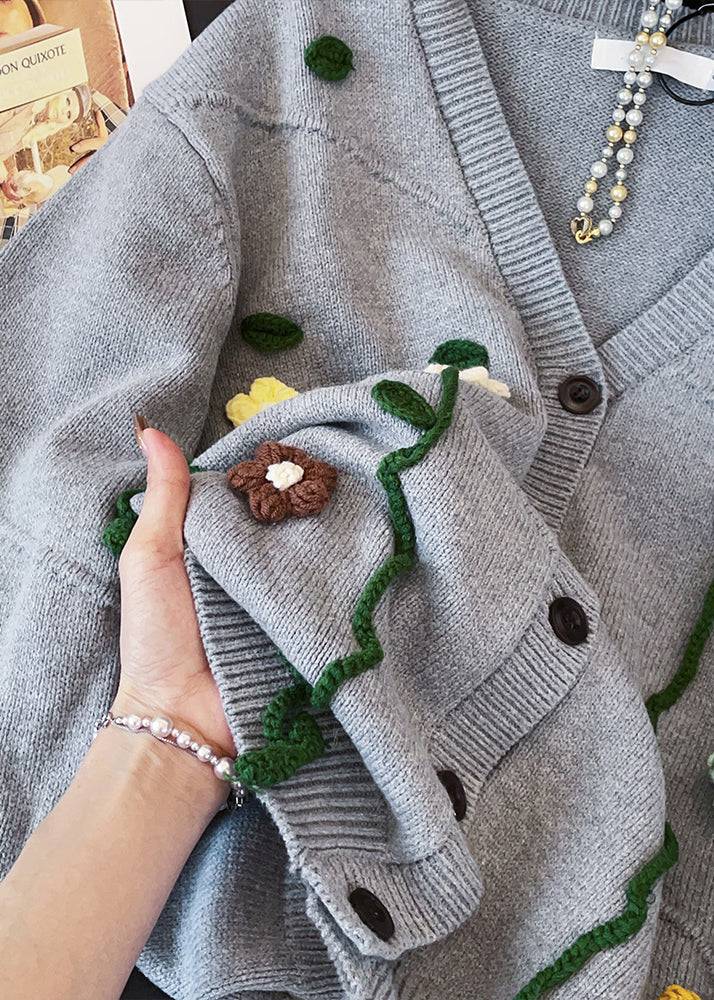 Loose Grey V Neck Button Knit Coats Fall