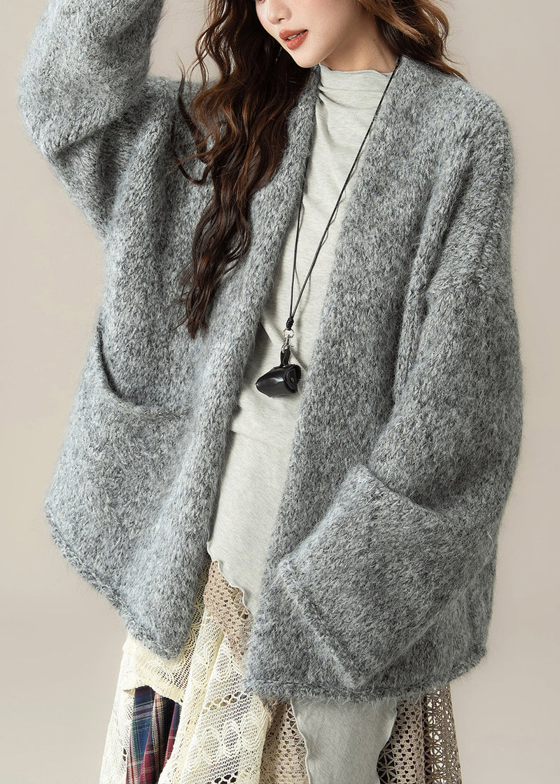 Loose Grey V Neck Pockets Knit Cardigans Spring