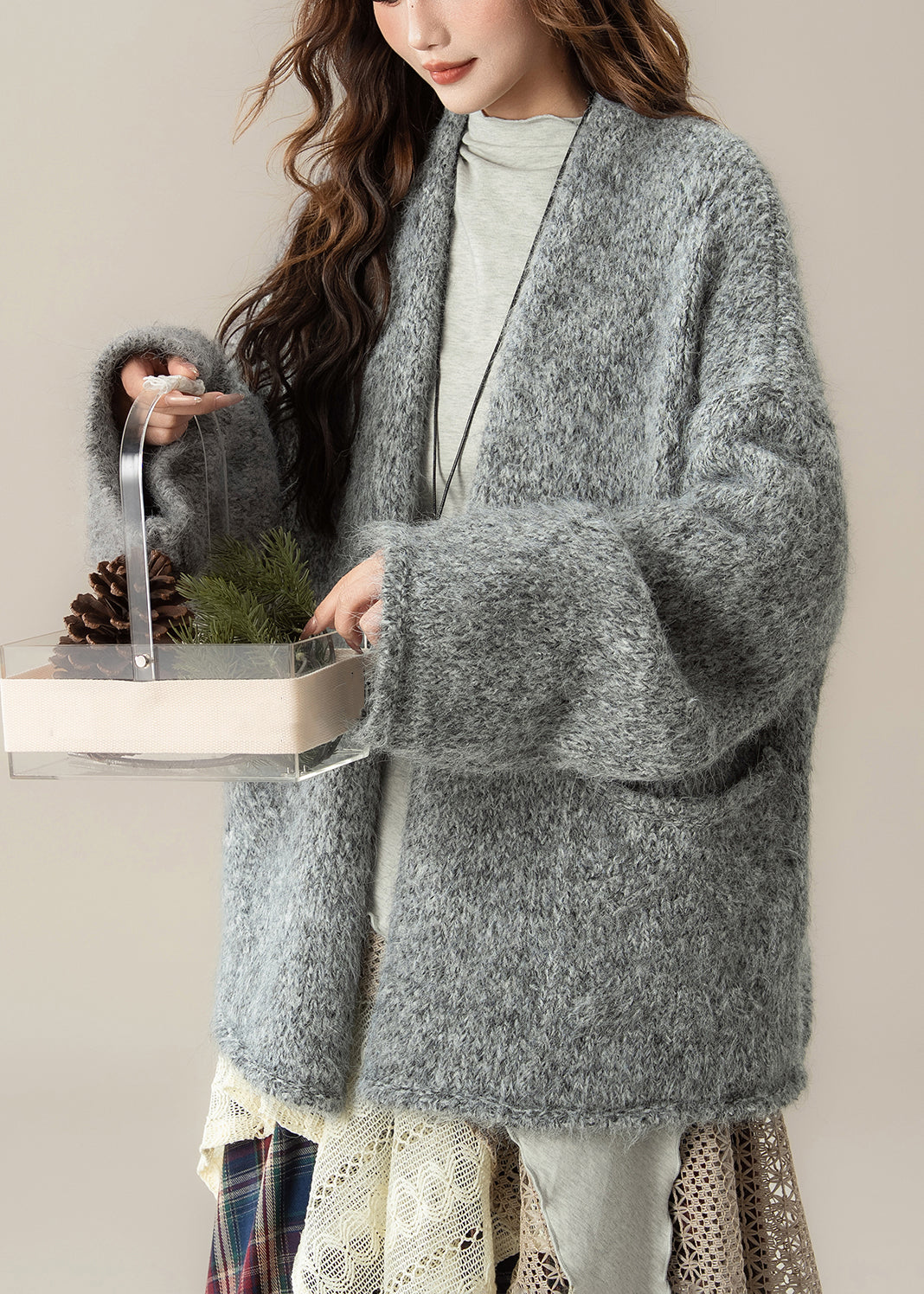Loose Grey V Neck Pockets Knit Cardigans Spring