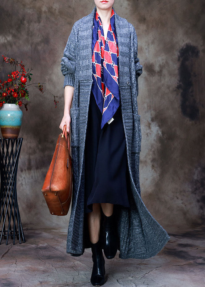 Loose Grey V Neck Woolen Knit Trench Coats Spring