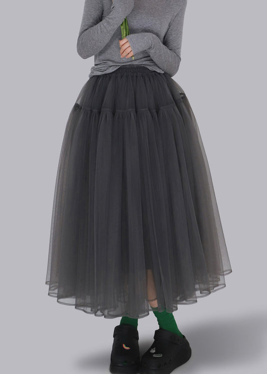 Loose Grey Wrinkled Elastic Waist Tulle Skirt Spring