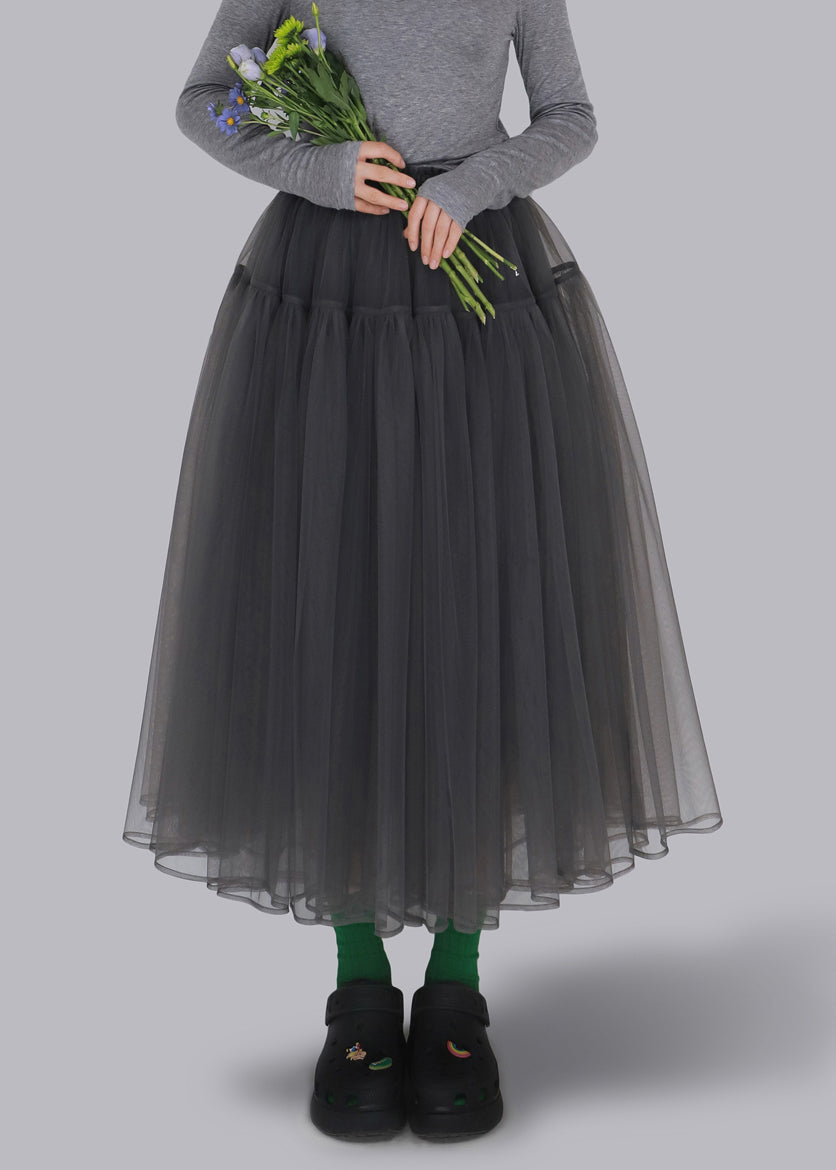 Loose Grey Wrinkled Elastic Waist Tulle Skirt Spring