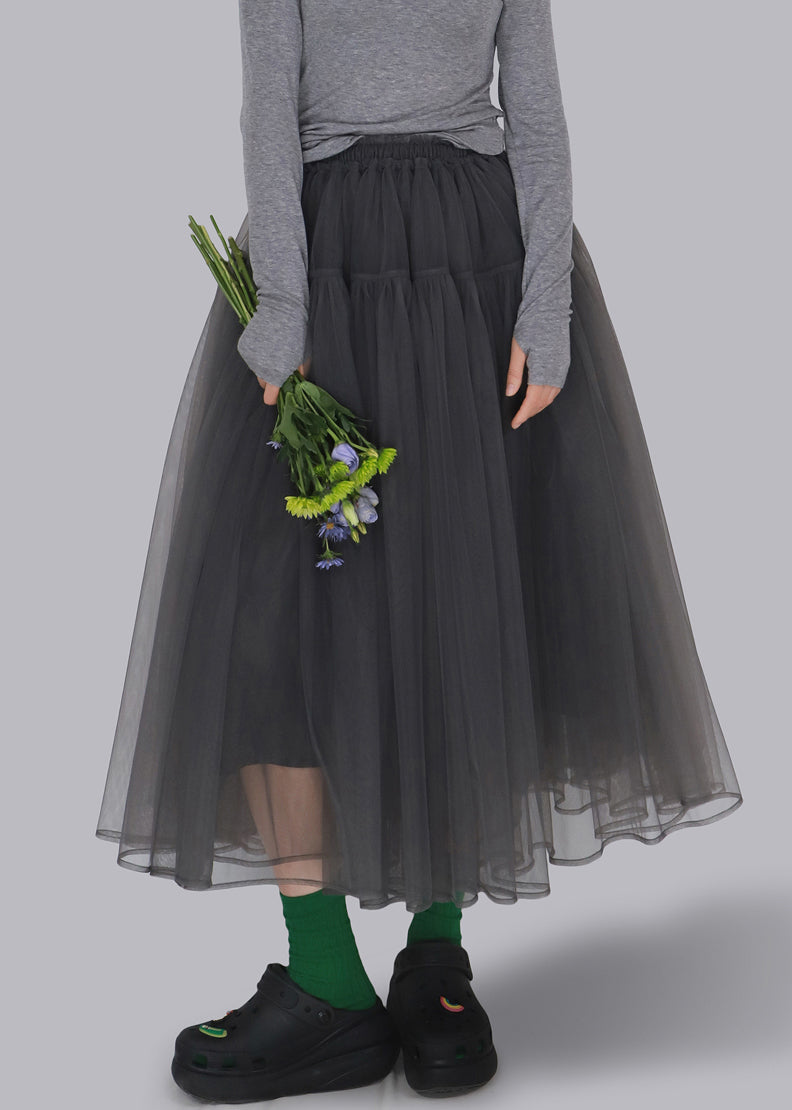 Loose Grey Wrinkled Elastic Waist Tulle Skirt Spring