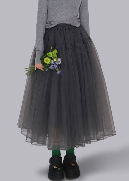Loose Grey Wrinkled Elastic Waist Tulle Skirt Spring