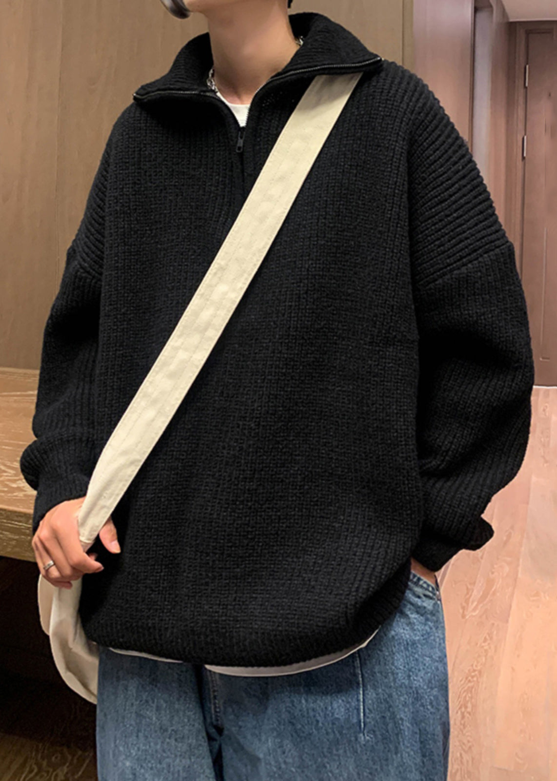 Loose Grey Zip Up Knit Sweater Turtleneck Winter