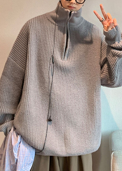 Loose Grey Zip Up Knit Sweater Turtleneck Winter