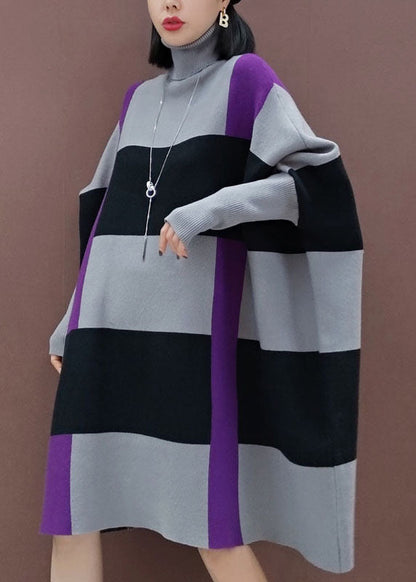 Loose Grey Black Striped Knit Dress Long Sleeve