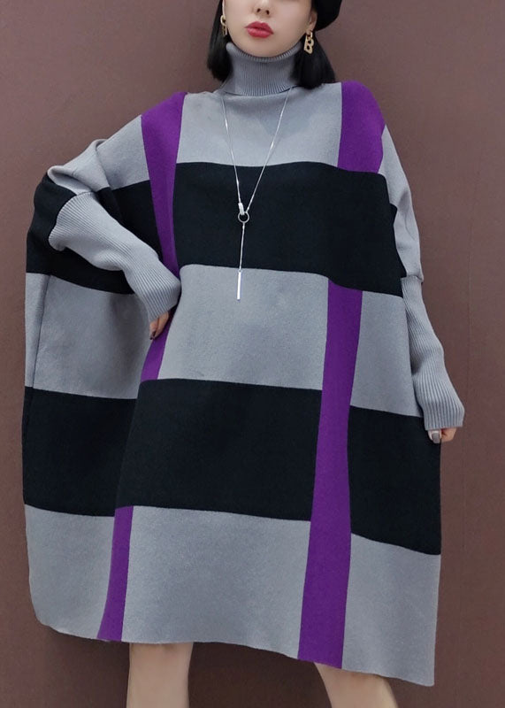 Loose Grey Black Striped Knit Dress Long Sleeve