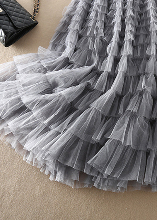 Loose Grey Elastic Waist Patchwork Tulle Skirt Spring