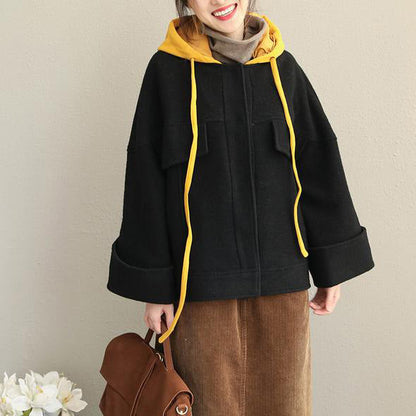 Loose Hoodie Black Fall Winter Short Woolen Coat Jackets