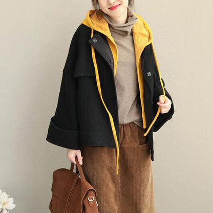 Loose Hoodie Black Fall Winter Short Woolen Coat Jackets