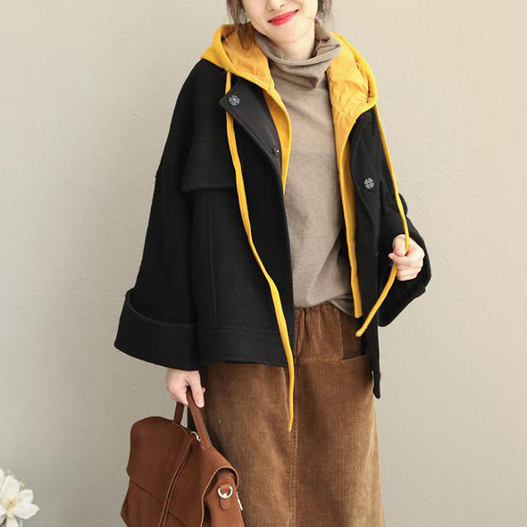 Loose Hoodie Black Fall Winter Short Woolen Coat Jackets