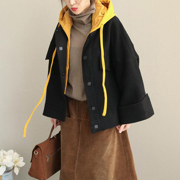 Loose Hoodie Black Fall Winter Short Woolen Coat Jackets