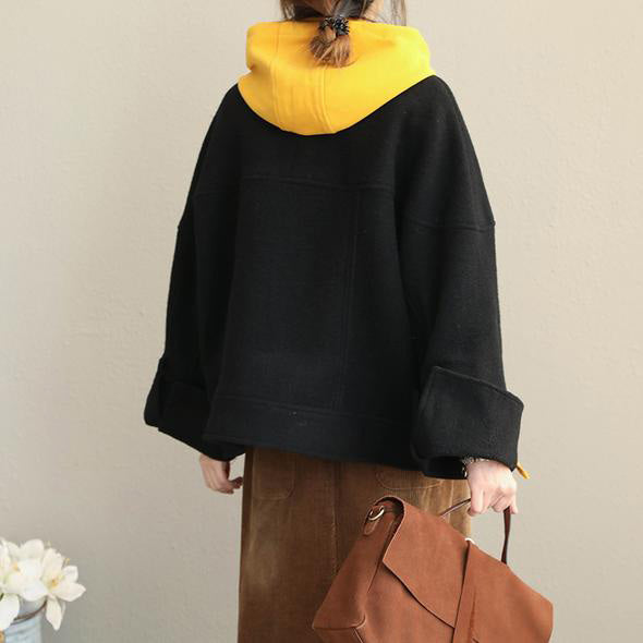 Loose Hoodie Black Fall Winter Short Woolen Coat Jackets