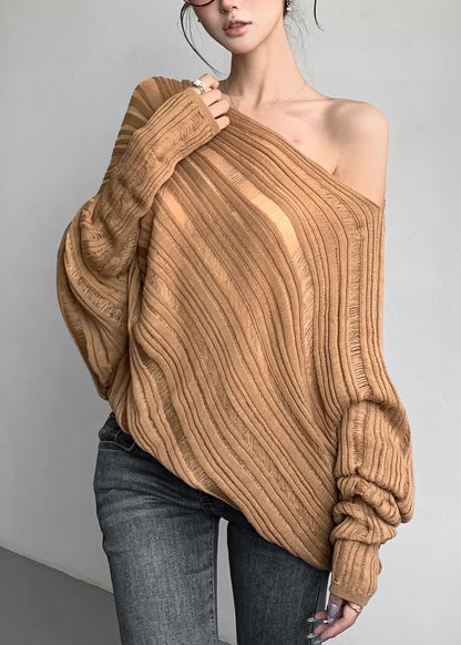 Loose Khaki Cold Shoulder Cozy Knit Sweater Batwing Sleeve