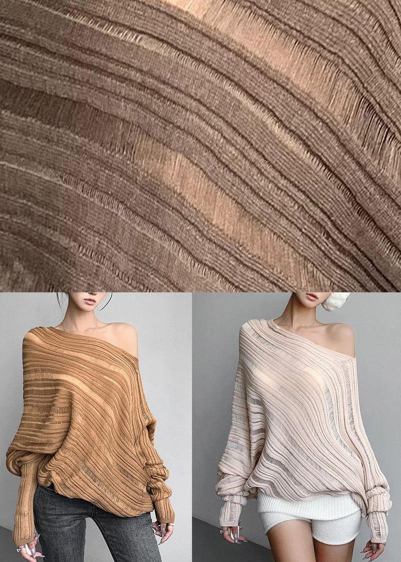 Loose Khaki Cold Shoulder Cozy Knit Sweater Batwing Sleeve