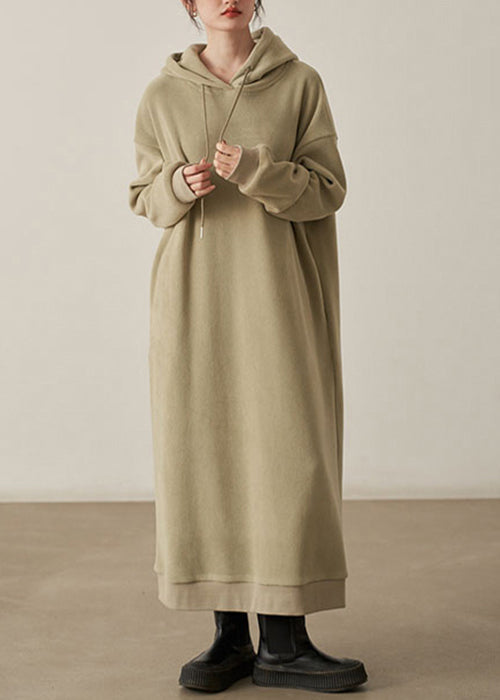 Loose Khaki Hooded Pockets Woolen Long Dresses Fall