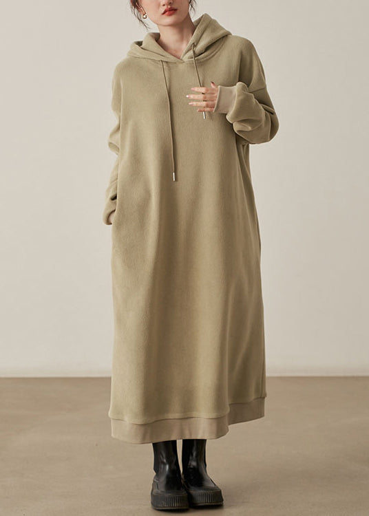 Loose Khaki Hooded Pockets Woolen Long Dresses Fall
