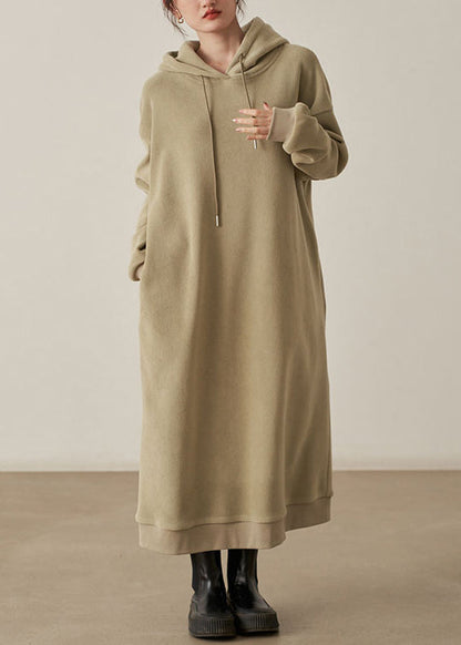 Loose Khaki Hooded Pockets Woolen Long Dresses Fall