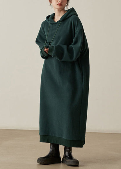 Loose Khaki Hooded Pockets Woolen Long Dresses Fall