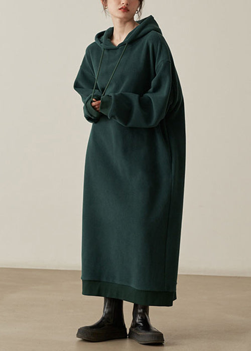 Loose Khaki Hooded Pockets Woolen Long Dresses Fall