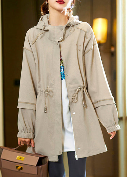 Loose Khaki Hooded Zippered Drawstring Cotton Coats Spring