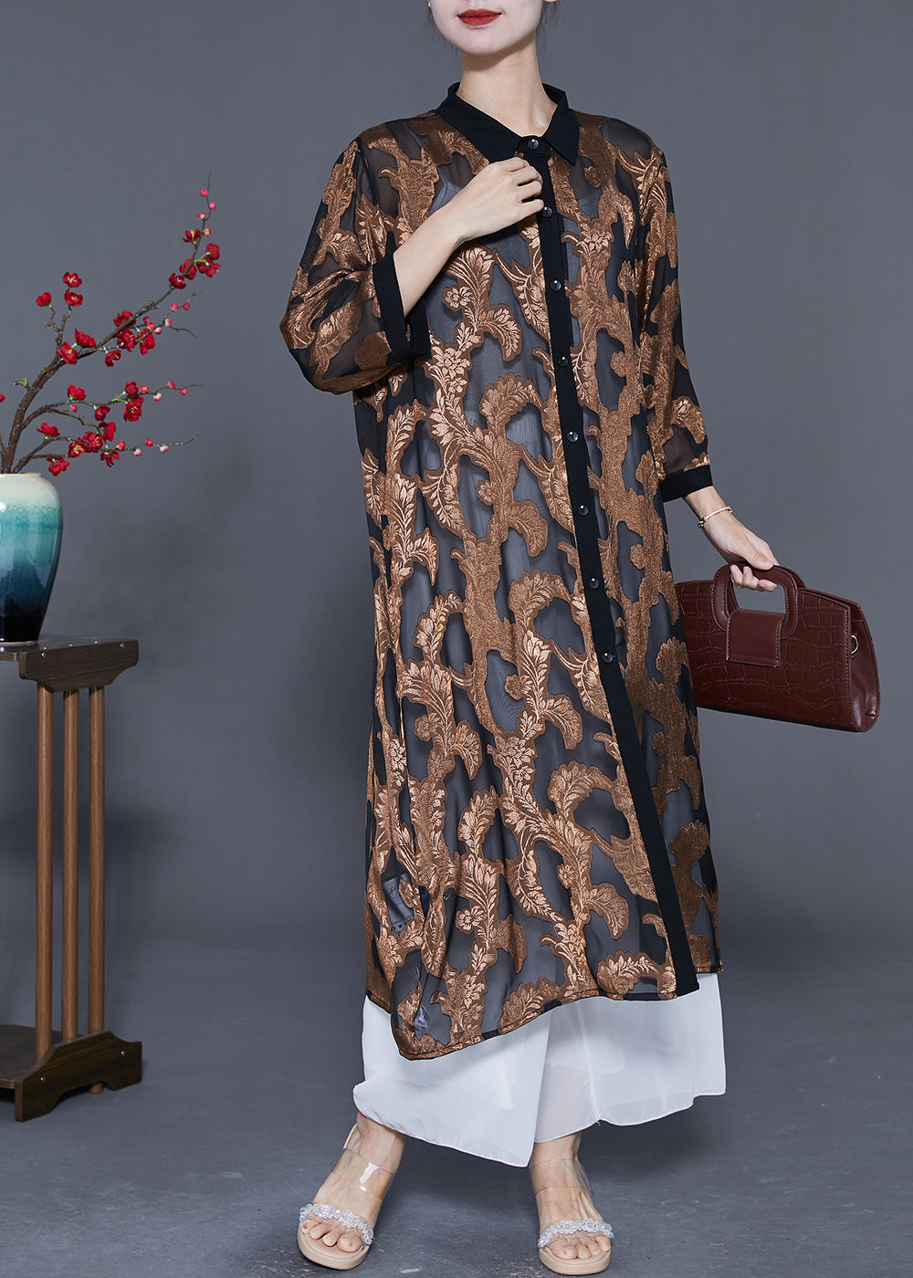 Loose Khaki Jacquard Hollow Out Tulle Upf 50+ Long Cardigans Summer