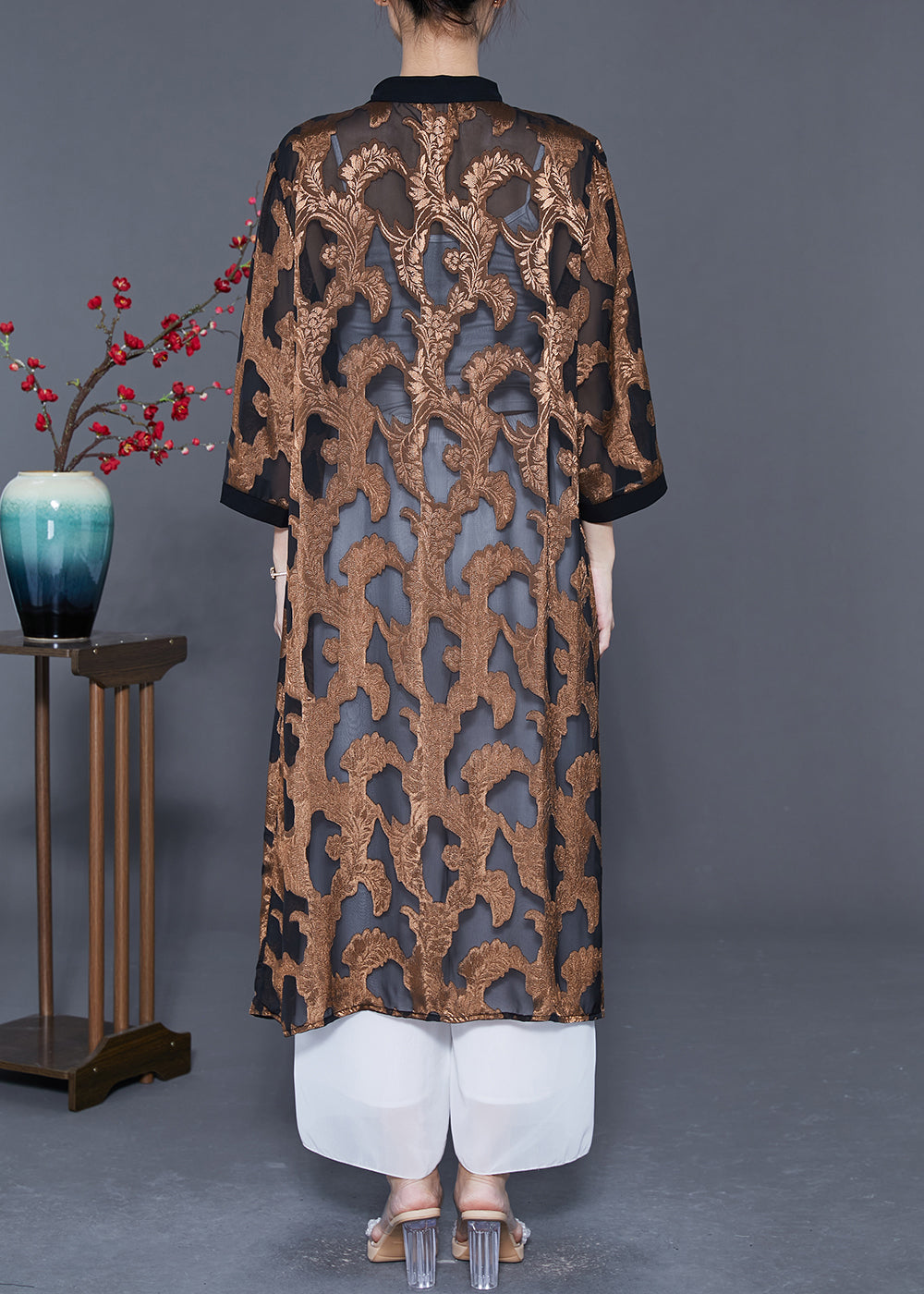 Loose Khaki Jacquard Hollow Out Tulle Upf 50+ Long Cardigans Summer